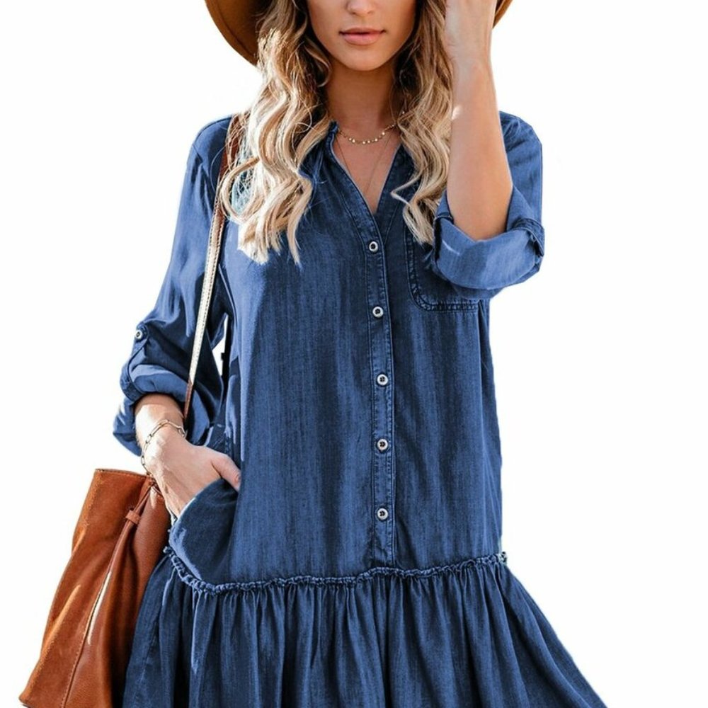 Pocketed Ruffled Denim Shirt Mini Dress
